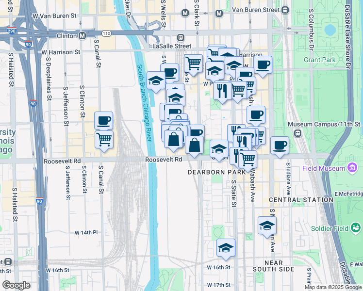 map of restaurants, bars, coffee shops, grocery stores, and more near 150 Roosevelt Road in Chicago