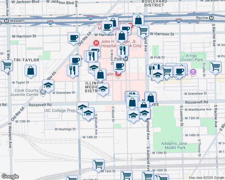 map of restaurants, bars, coffee shops, grocery stores, and more near 1026 South Wood Street in Chicago