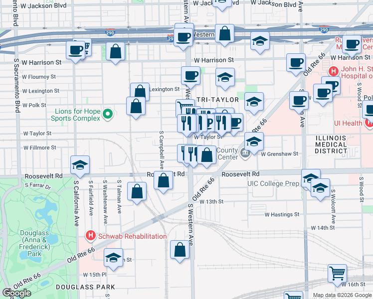map of restaurants, bars, coffee shops, grocery stores, and more near 2419 West Fillmore Street in Chicago