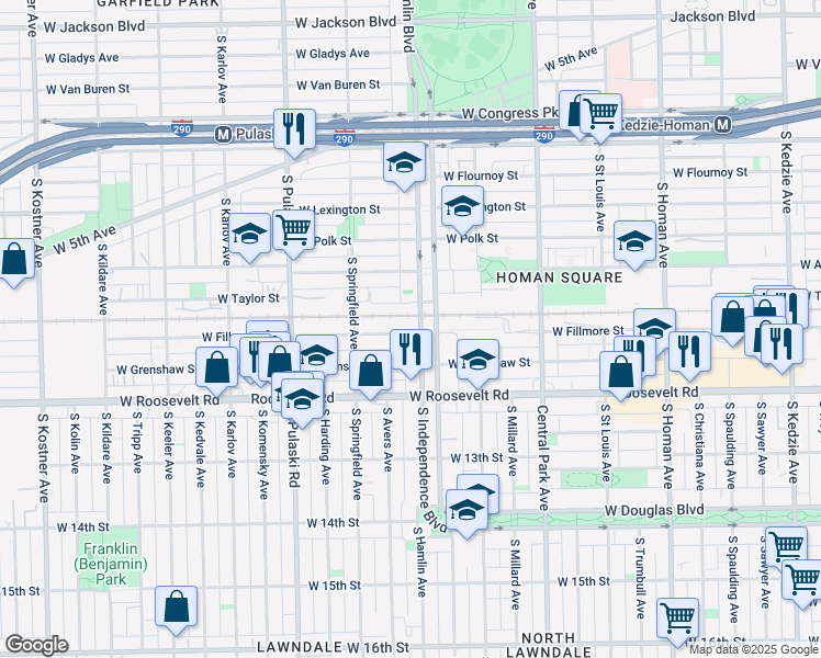 map of restaurants, bars, coffee shops, grocery stores, and more near 1024 South Independence Boulevard in Chicago