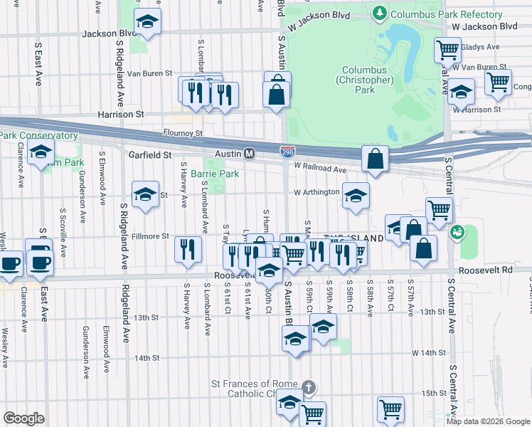 map of restaurants, bars, coffee shops, grocery stores, and more near 1129 South Humphrey Avenue in Oak Park