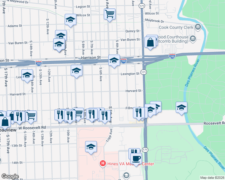 map of restaurants, bars, coffee shops, grocery stores, and more near in Maywood
