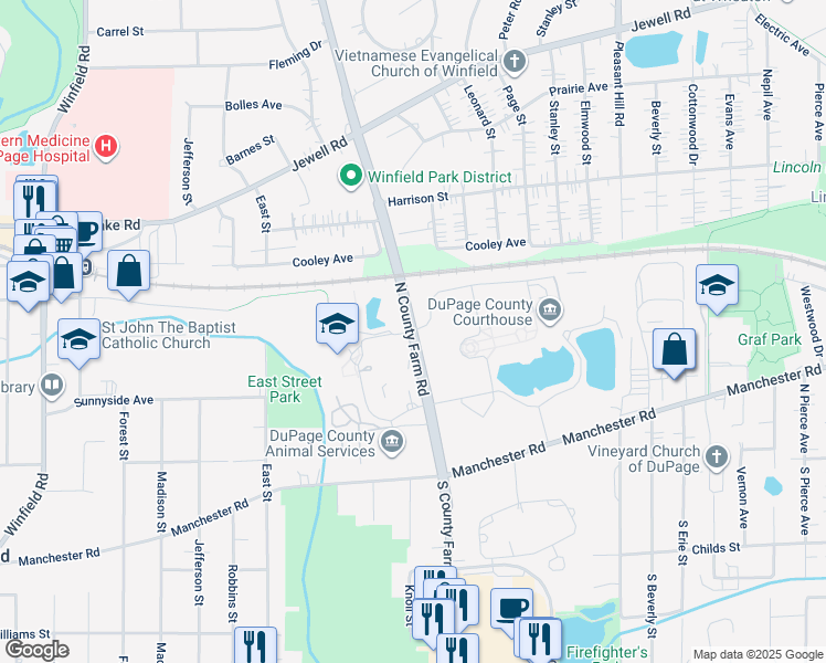 map of restaurants, bars, coffee shops, grocery stores, and more near 350-418 North County Farm Road in Wheaton