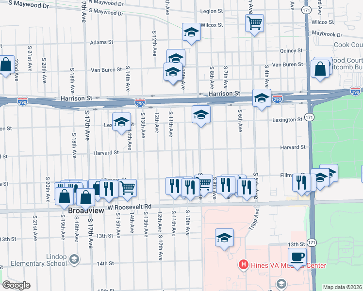 map of restaurants, bars, coffee shops, grocery stores, and more near 1959 South 10th Avenue in Maywood