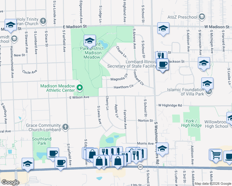 map of restaurants, bars, coffee shops, grocery stores, and more near 612 East Wilson Avenue in Lombard