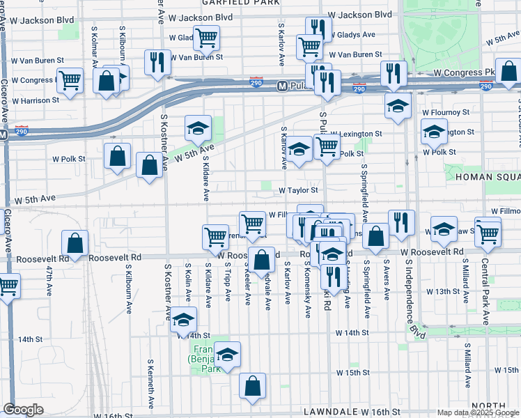 map of restaurants, bars, coffee shops, grocery stores, and more near 4138 W Fillmore St in Chicago
