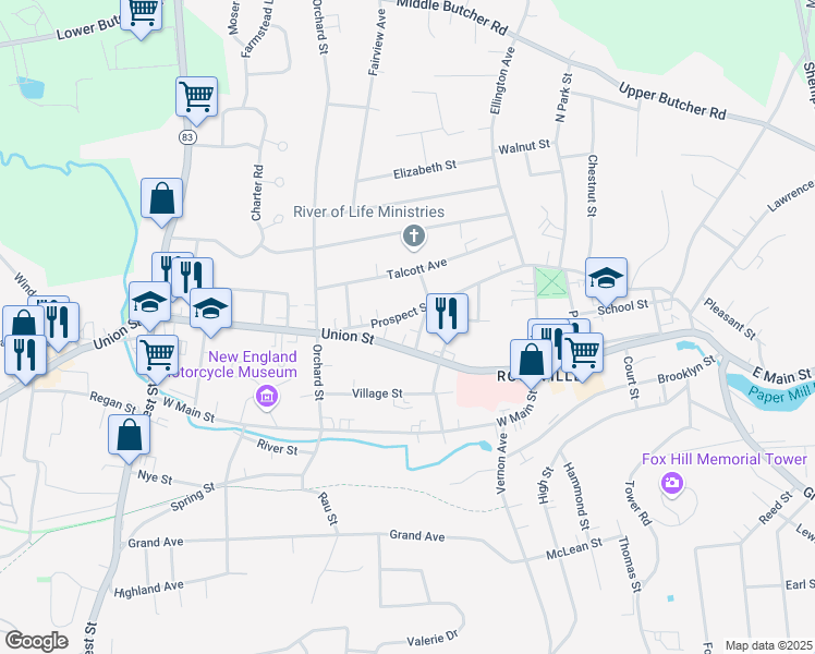 map of restaurants, bars, coffee shops, grocery stores, and more near 5 Oak Street in Vernon
