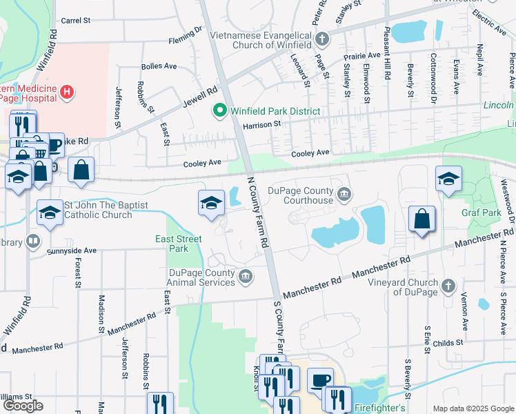 map of restaurants, bars, coffee shops, grocery stores, and more near 422 North County Farm Road in Winfield