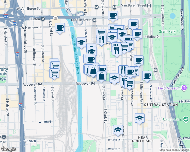 map of restaurants, bars, coffee shops, grocery stores, and more near 1135 South Delano Court in Chicago