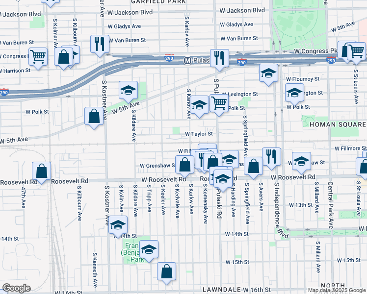 map of restaurants, bars, coffee shops, grocery stores, and more near 4138 West Fillmore Street in Chicago