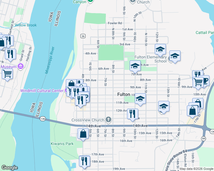 map of restaurants, bars, coffee shops, grocery stores, and more near 703 9th Avenue in Fulton