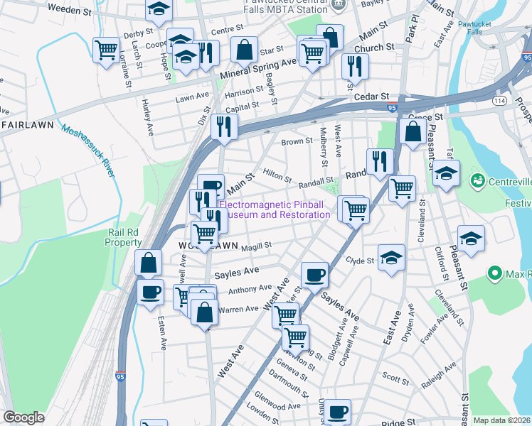 map of restaurants, bars, coffee shops, grocery stores, and more near 152 Sterry Street in Pawtucket
