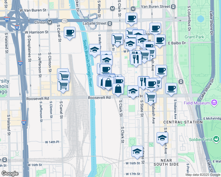 map of restaurants, bars, coffee shops, grocery stores, and more near 150 Roosevelt Road in Chicago
