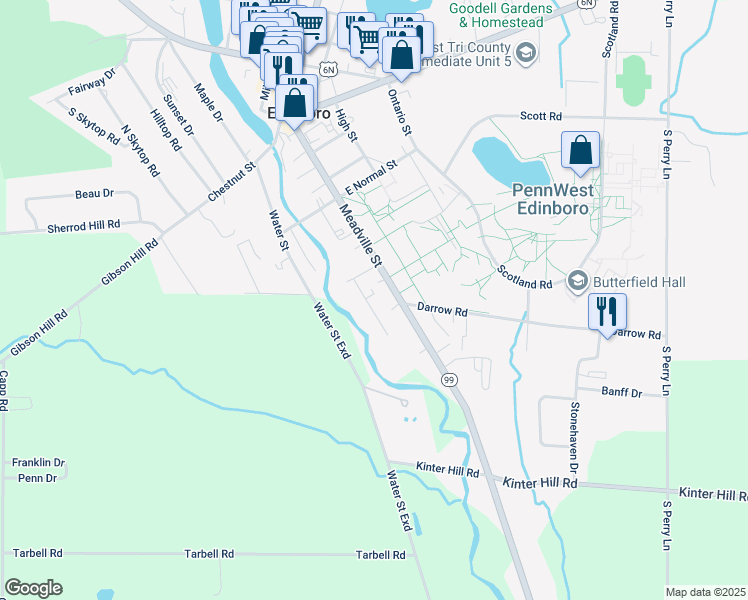 map of restaurants, bars, coffee shops, grocery stores, and more near 109 Terrace Drive in Edinboro