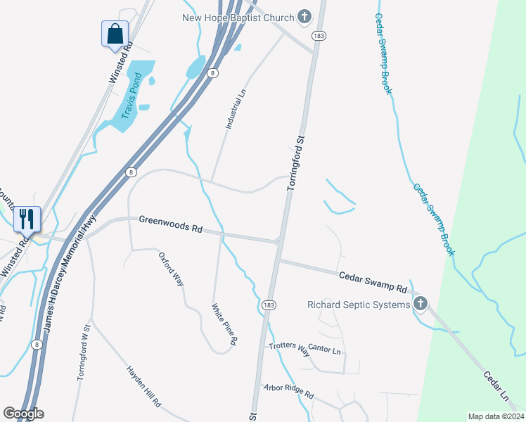 map of restaurants, bars, coffee shops, grocery stores, and more near 368 Ella Grasso Avenue in Torrington
