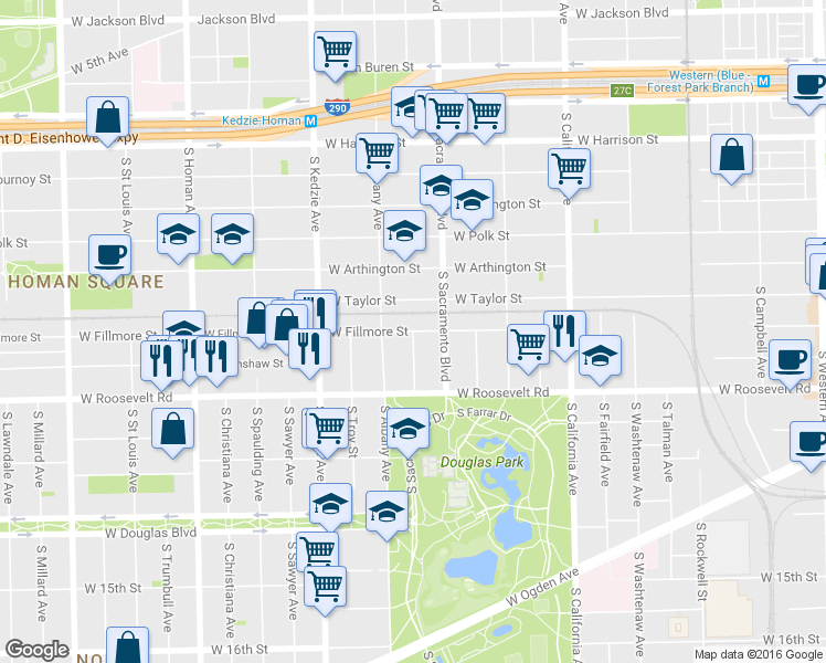 map of restaurants, bars, coffee shops, grocery stores, and more near W Fillmore St & S Whipple St in Chicago
