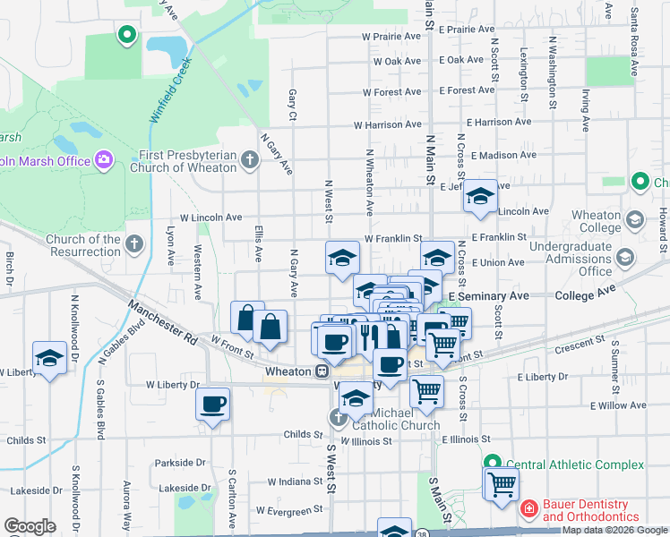 map of restaurants, bars, coffee shops, grocery stores, and more near 337 West Union Avenue in Wheaton