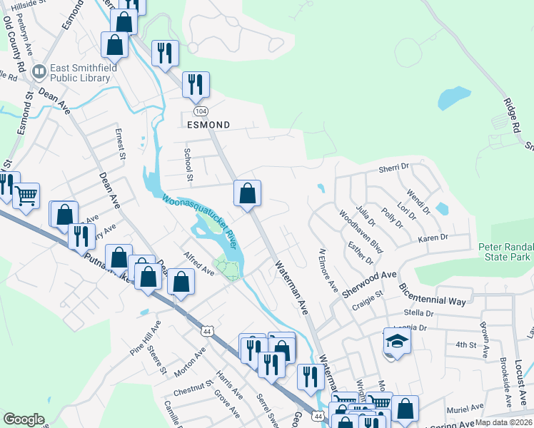 map of restaurants, bars, coffee shops, grocery stores, and more near 228 Waterman Avenue in North Providence