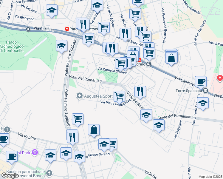 map of restaurants, bars, coffee shops, grocery stores, and more near 9 Via Giggi Pea in Roma
