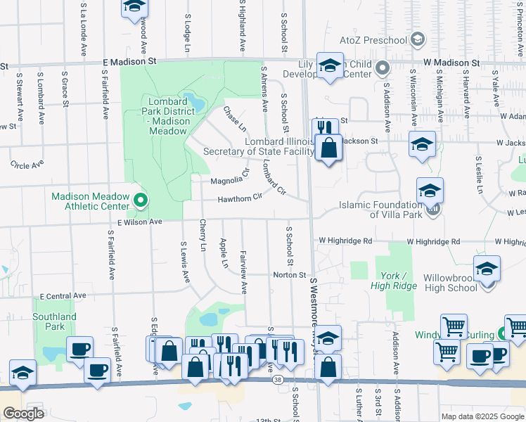 map of restaurants, bars, coffee shops, grocery stores, and more near 812 East Wilson Avenue in Lombard