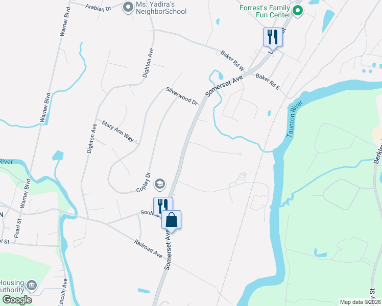 map of restaurants, bars, coffee shops, grocery stores, and more near 1262 Massachusetts 138 in Taunton