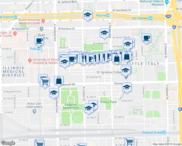 map of restaurants, bars, coffee shops, grocery stores, and more near 1318 West Grenshaw Street in Chicago