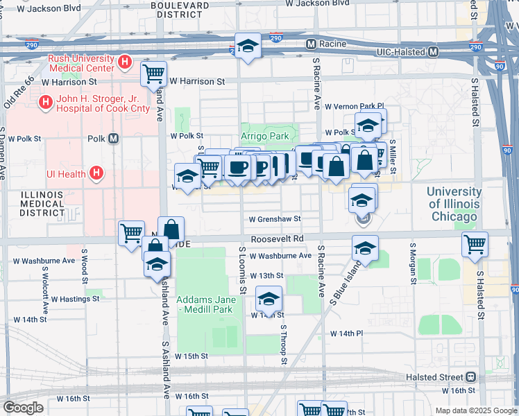 map of restaurants, bars, coffee shops, grocery stores, and more near 1318 West Grenshaw Street in Chicago