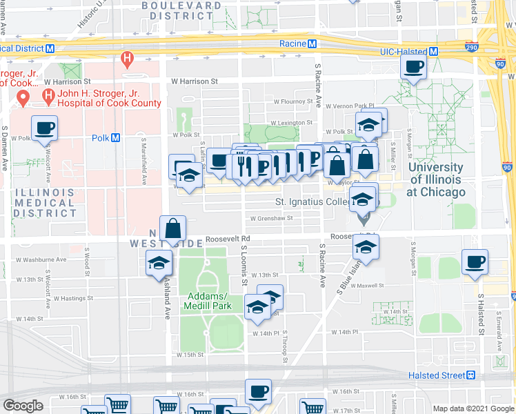 map of restaurants, bars, coffee shops, grocery stores, and more near 1318 West Grenshaw Street in Chicago