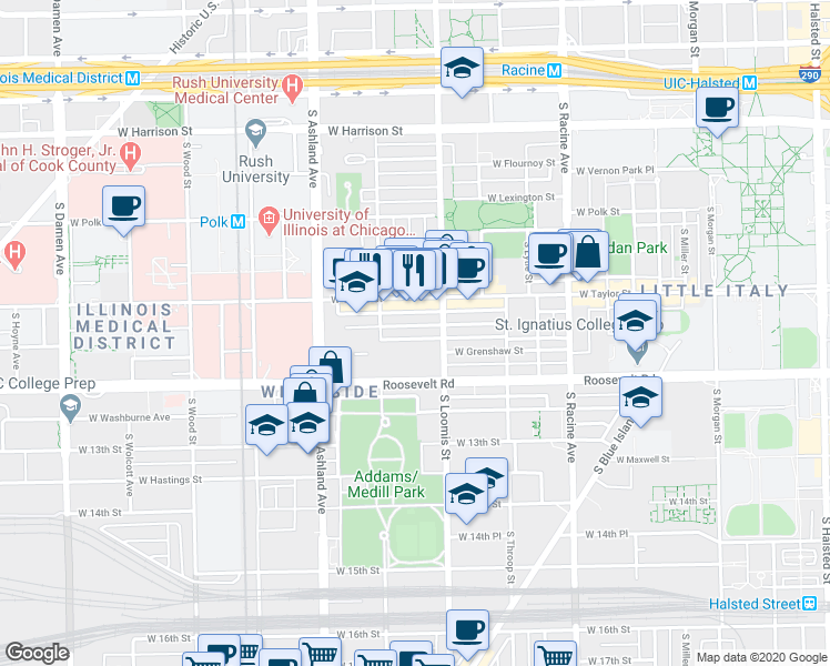 map of restaurants, bars, coffee shops, grocery stores, and more near 1435 West Fillmore Street in Chicago