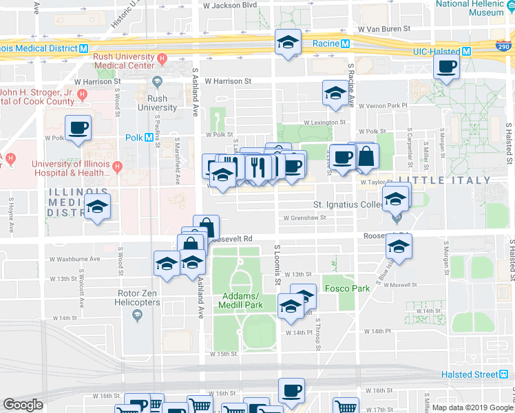 map of restaurants, bars, coffee shops, grocery stores, and more near 1435 West Fillmore Street in Chicago