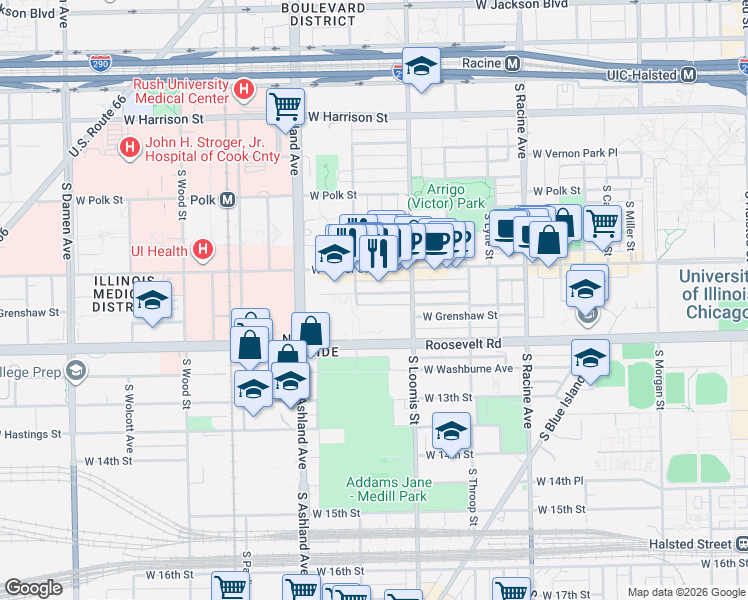 map of restaurants, bars, coffee shops, grocery stores, and more near 1435 West Fillmore Street in Chicago