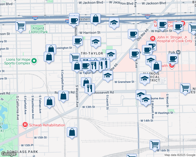 map of restaurants, bars, coffee shops, grocery stores, and more near 2242 South Ogden Avenue West in Chicago