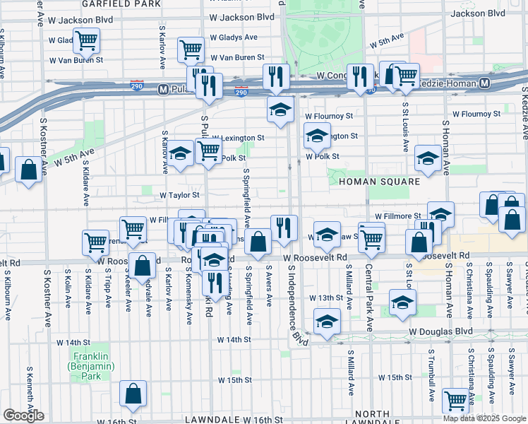 map of restaurants, bars, coffee shops, grocery stores, and more near 3829 West Fillmore Street in Chicago