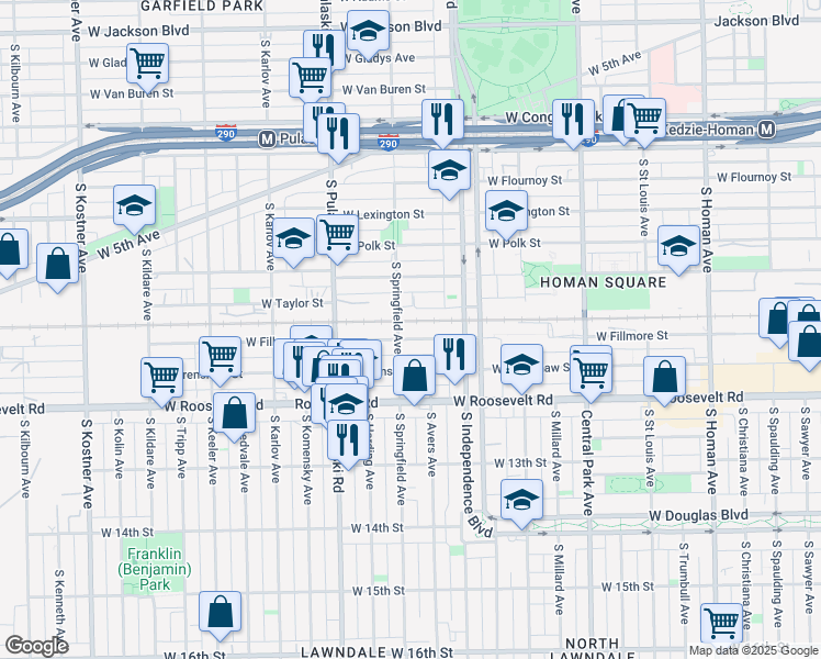 map of restaurants, bars, coffee shops, grocery stores, and more near 3905 West Fillmore Street in Chicago