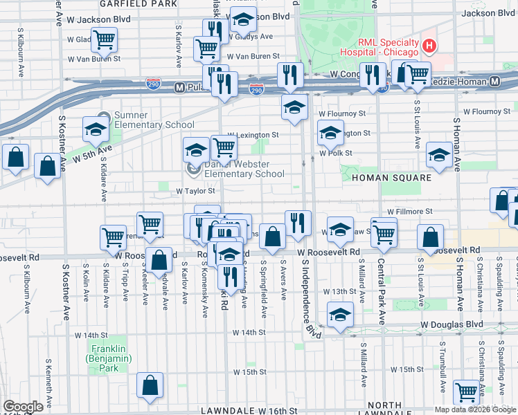 map of restaurants, bars, coffee shops, grocery stores, and more near 3905 West Fillmore Street in Chicago