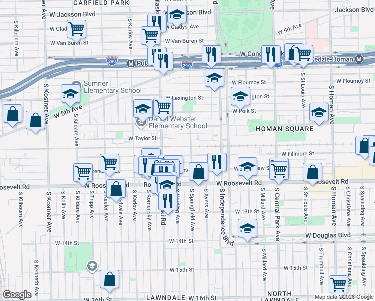 map of restaurants, bars, coffee shops, grocery stores, and more near 3905 West Fillmore Street in Chicago