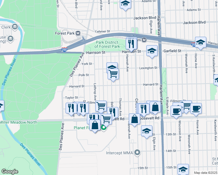 map of restaurants, bars, coffee shops, grocery stores, and more near 1014 Beloit Avenue in Forest Park
