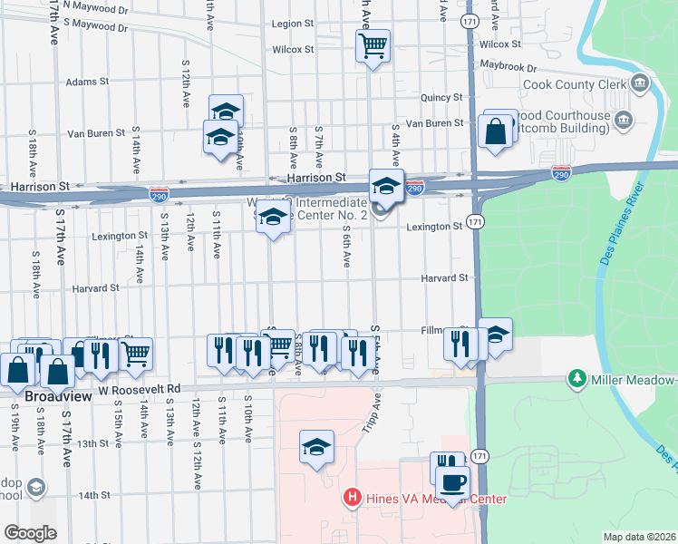 map of restaurants, bars, coffee shops, grocery stores, and more near 1936 Harvard Street in Maywood
