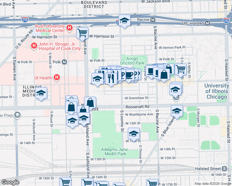 map of restaurants, bars, coffee shops, grocery stores, and more near 1435 West Fillmore Street in Chicago