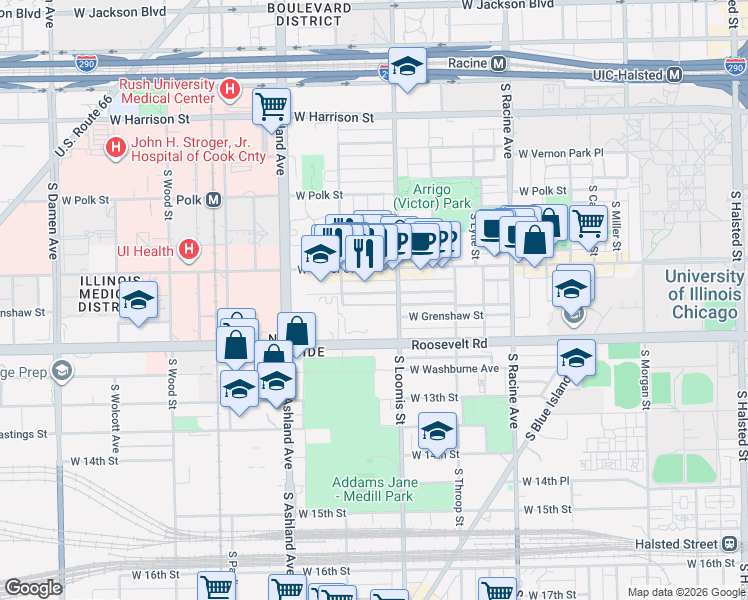 map of restaurants, bars, coffee shops, grocery stores, and more near 1435 West Fillmore Street in Chicago