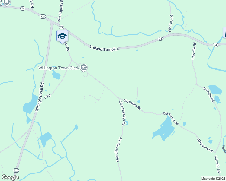 map of restaurants, bars, coffee shops, grocery stores, and more near 67 Old Farms Road in Willington