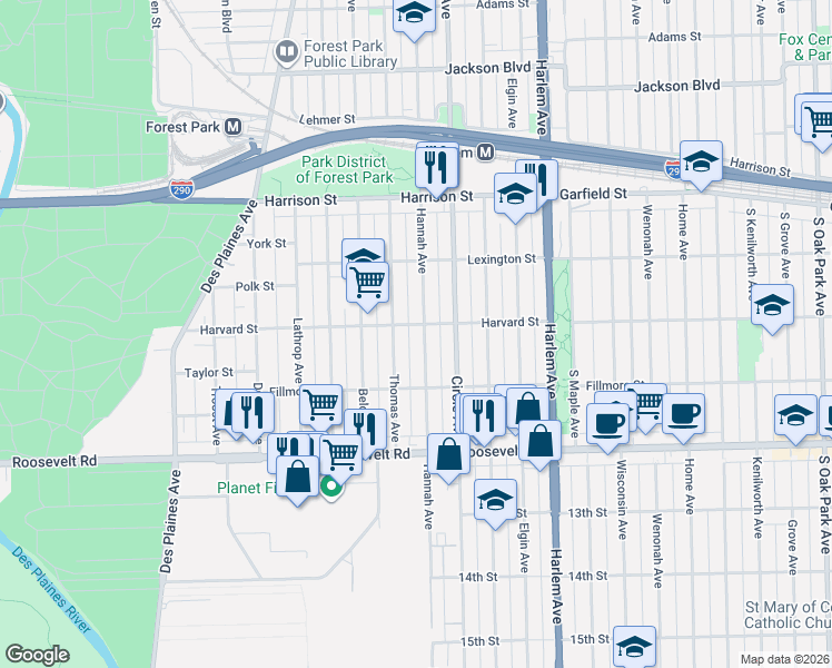 map of restaurants, bars, coffee shops, grocery stores, and more near 1014 Thomas Avenue in Forest Park
