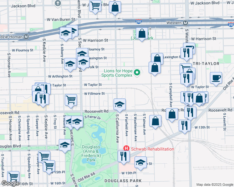 map of restaurants, bars, coffee shops, grocery stores, and more near S California Ave & W Fillmore St in Chicago