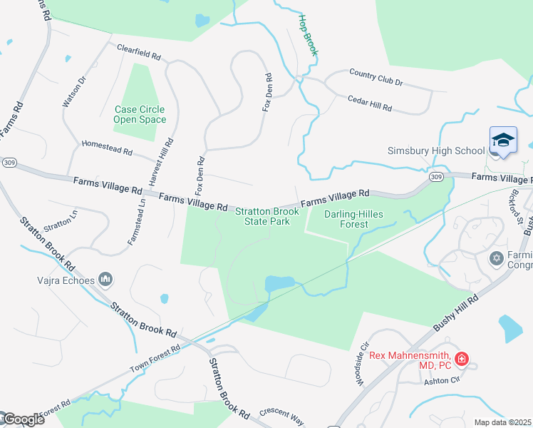map of restaurants, bars, coffee shops, grocery stores, and more near 132-158 Connecticut 309 in Simsbury