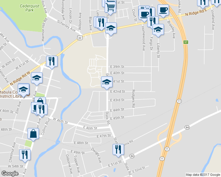 map of restaurants, bars, coffee shops, grocery stores, and more near 1919 East 42nd Street in Ashtabula