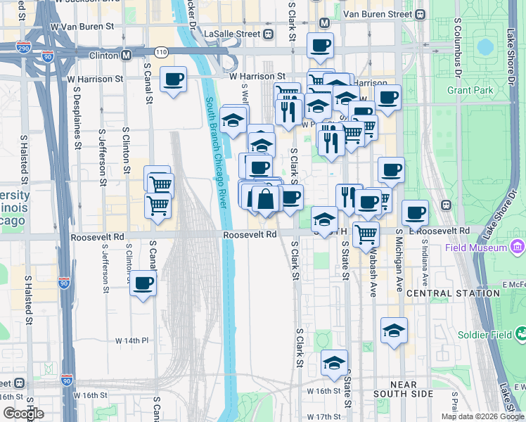 map of restaurants, bars, coffee shops, grocery stores, and more near 1135 South Delano Court in Chicago