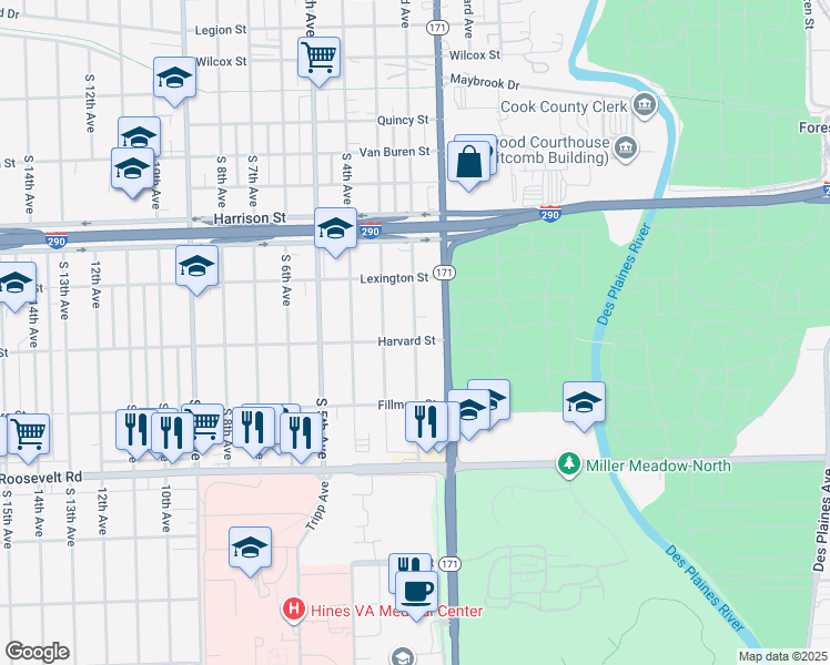 map of restaurants, bars, coffee shops, grocery stores, and more near 1937 South 2nd Avenue in Maywood