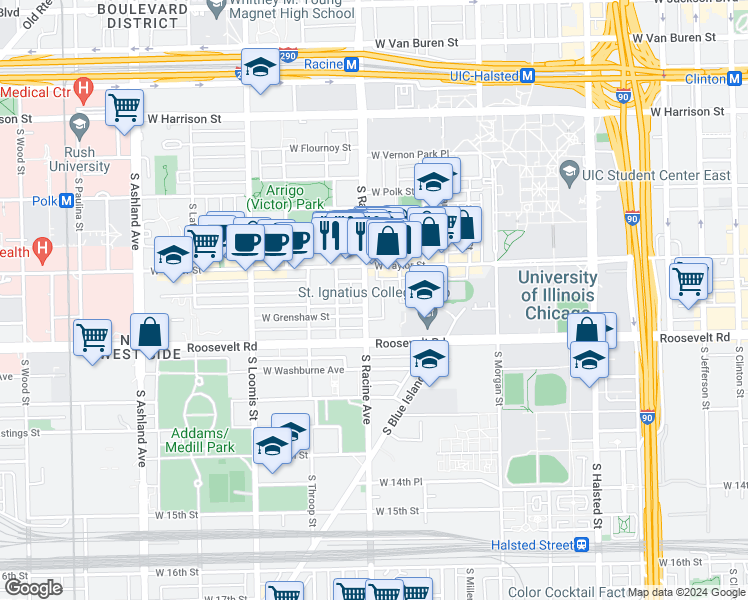 map of restaurants, bars, coffee shops, grocery stores, and more near 1204 West Grenshaw Street in Chicago