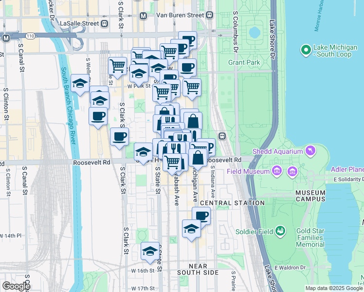 map of restaurants, bars, coffee shops, grocery stores, and more near 1149 South Wabash Avenue in Chicago