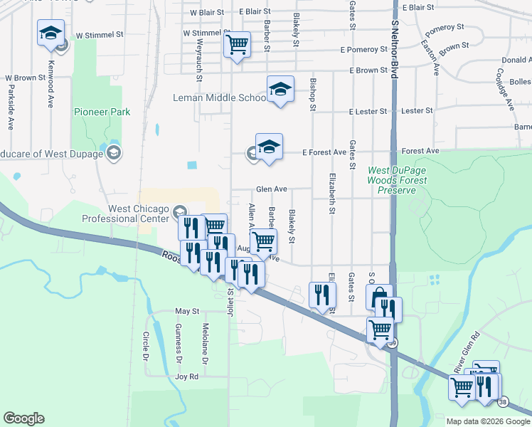 map of restaurants, bars, coffee shops, grocery stores, and more near 1029 Allen Avenue in West Chicago